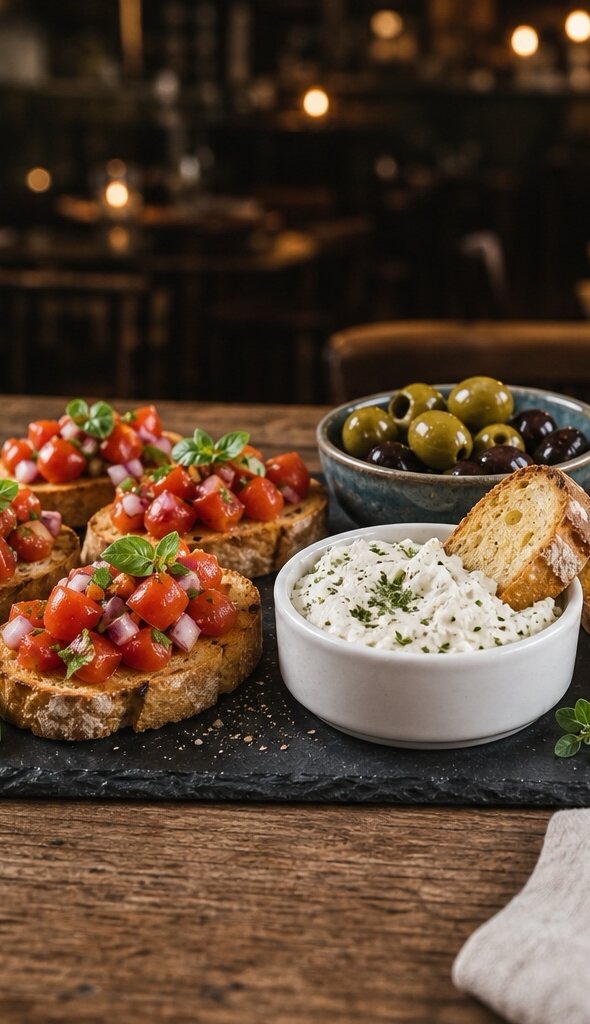 Antipasti-Brett mit Bruschetta, RuhrPadel-Creme und Oliven