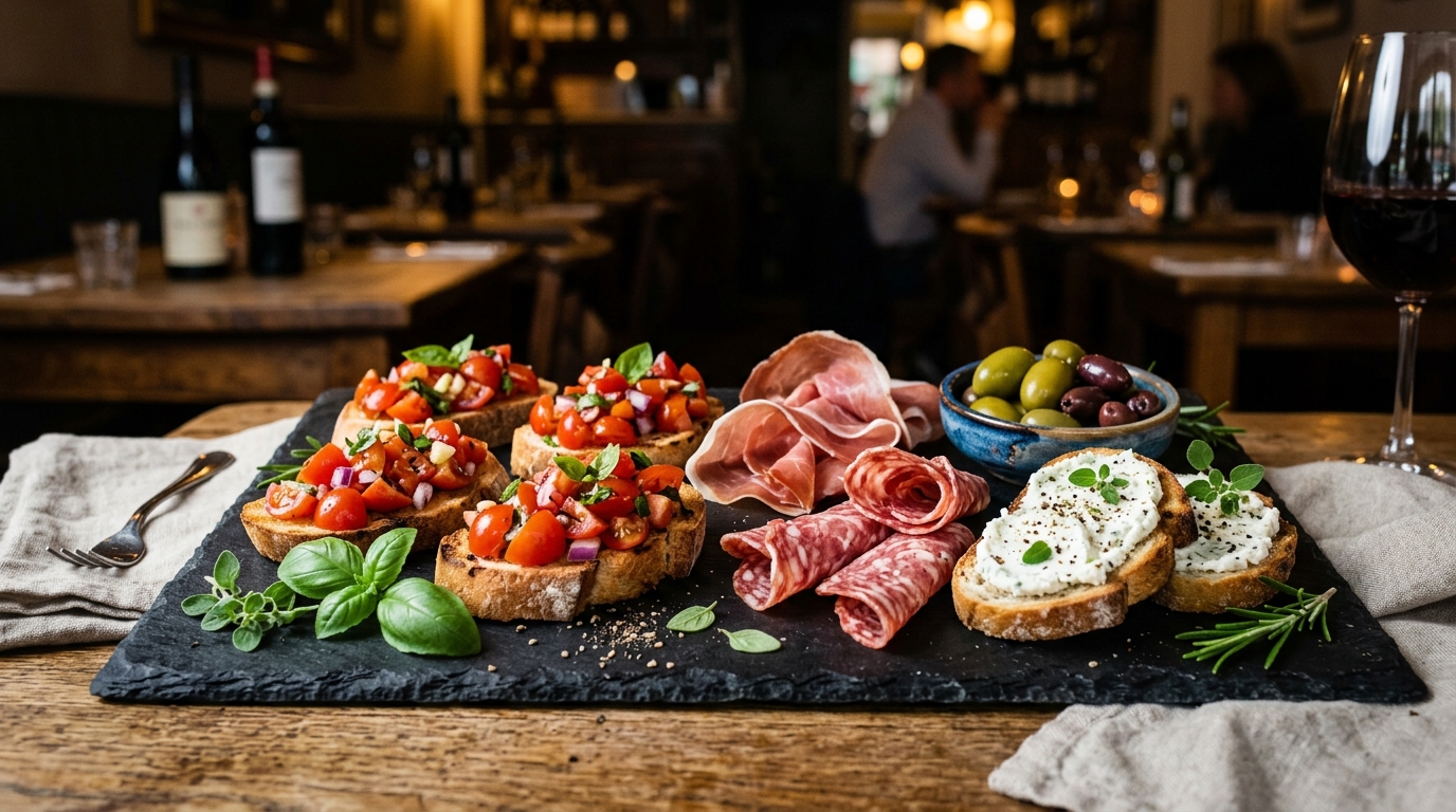 Antipasti-Brett mit Bruschetta und Parmaschinken