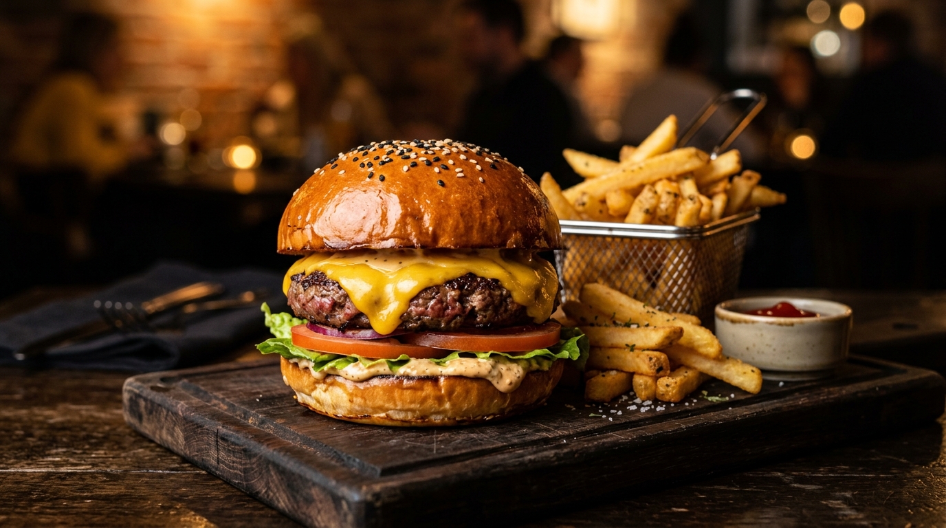 RuhrPadel-Burger mit Cheddar und Pommes