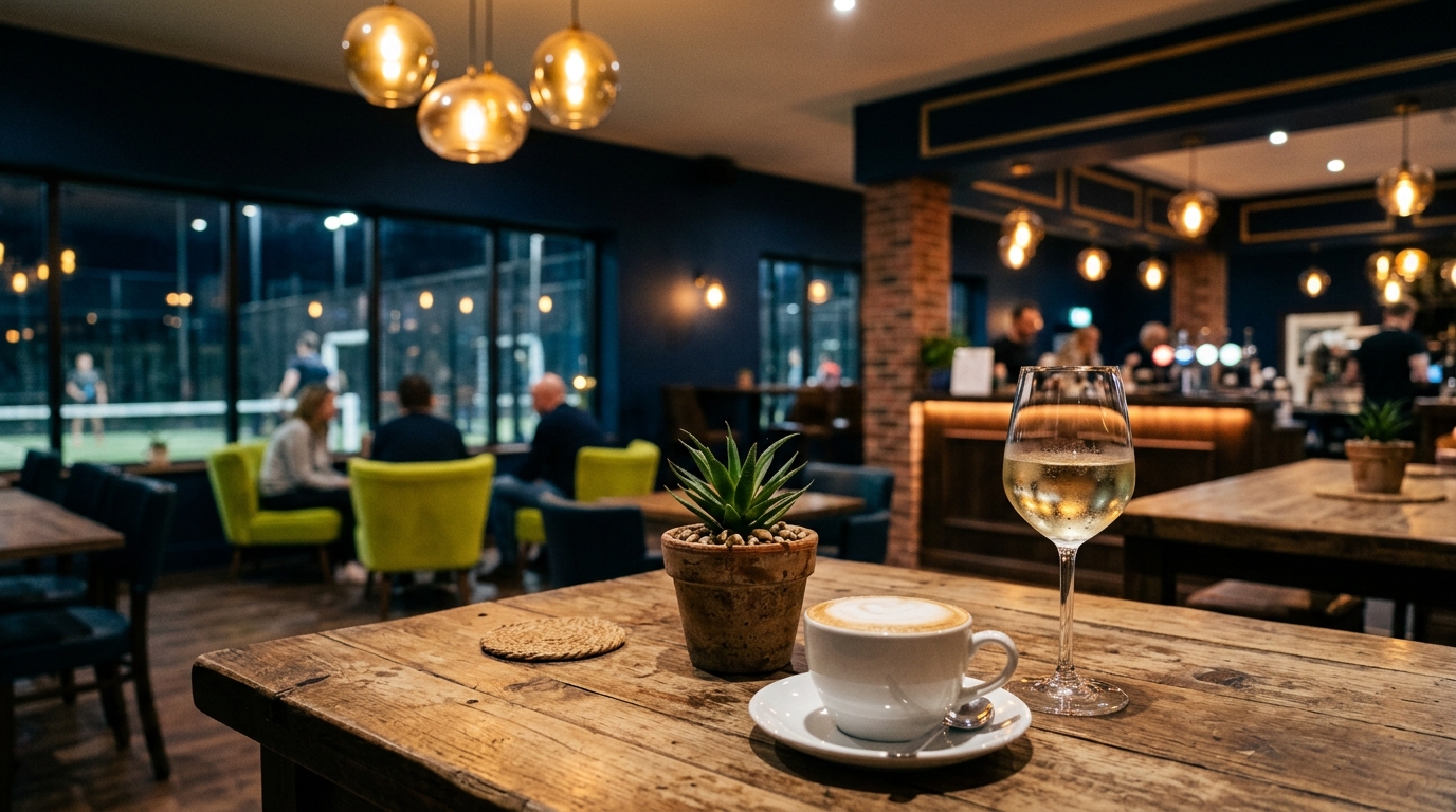 Bistrotisch mit Cappuccino und Weißwein, dahinter die beleuchteten Padel-Courts