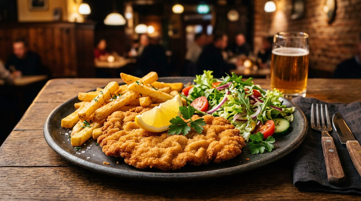 Schnitzel Wiener Art mit Pommes und Salat